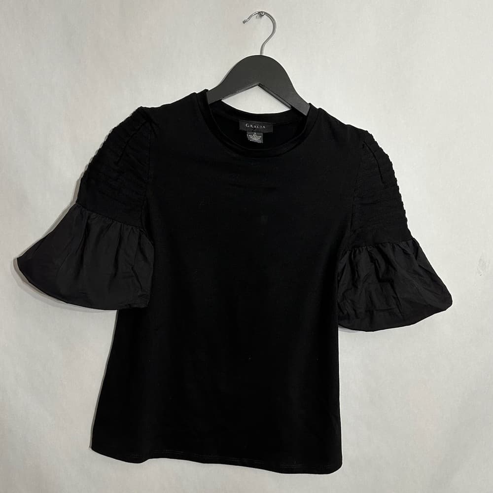 Gracia Black Puff Short Sleeve Structured Top Romantic Minimalist Size Small - Thumbnail 5