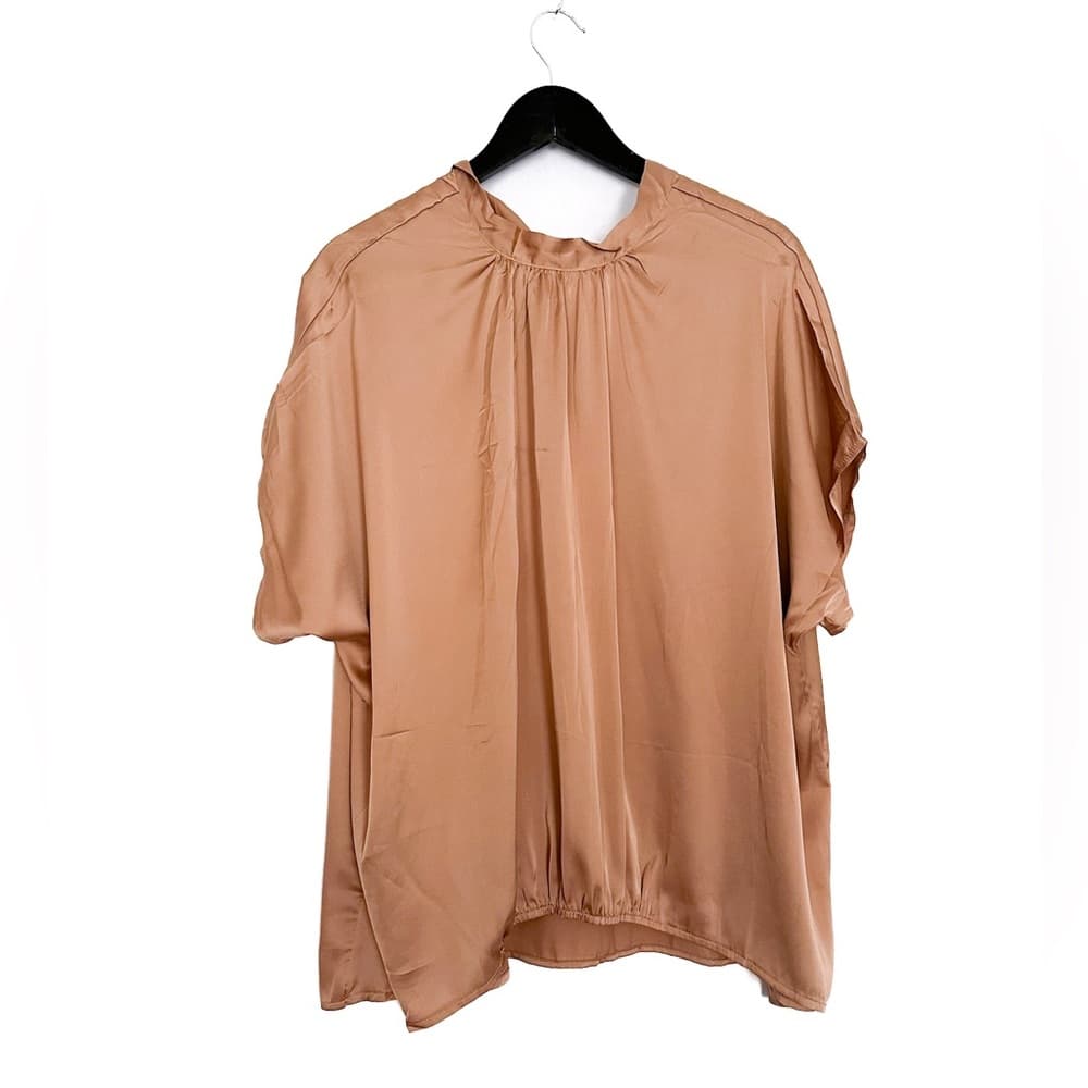 NWT Chigant Neutral Satin Blouse with Tie Neck Size Small Businesscore Boss - Thumbnail 5