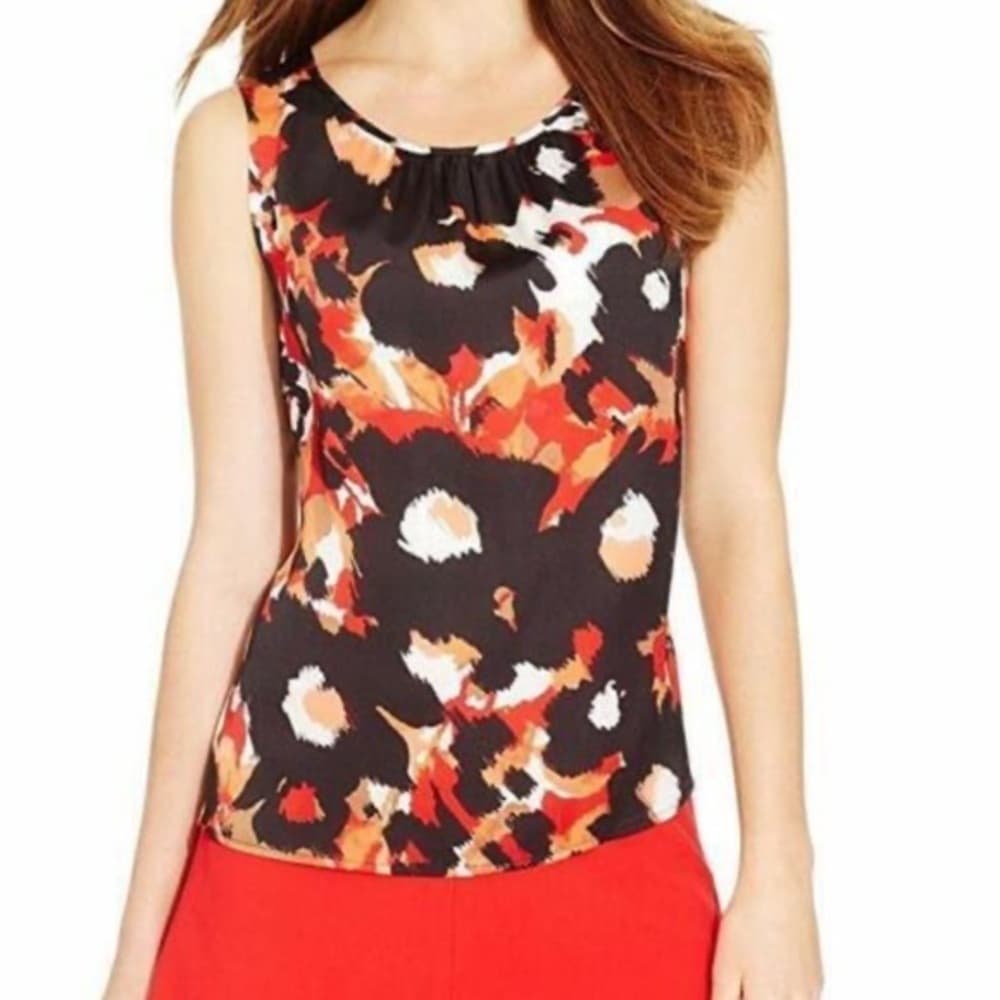 Nine West Sleeveless Floral Pattern Print Pleated at Neckline Womens Large - Thumbnail 7