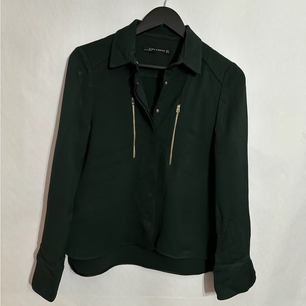 Zara Woman Forest Green Zip Detail Blouse Size XS Gold Hardware - Thumbnail 2