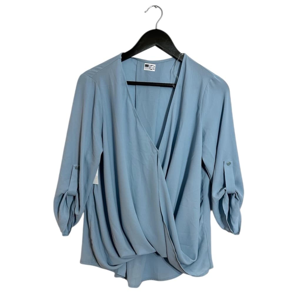 NWT Interstyle Light Blue Crepe Wrap Blouse Soft Drape Roll Sleeve Size Small - Thumbnail 7