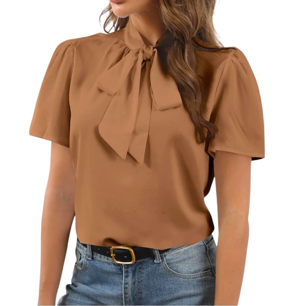 NWT Chigant Neutral Satin Blouse with Tie Neck Size Small Businesscore Boss - Thumbnail 9