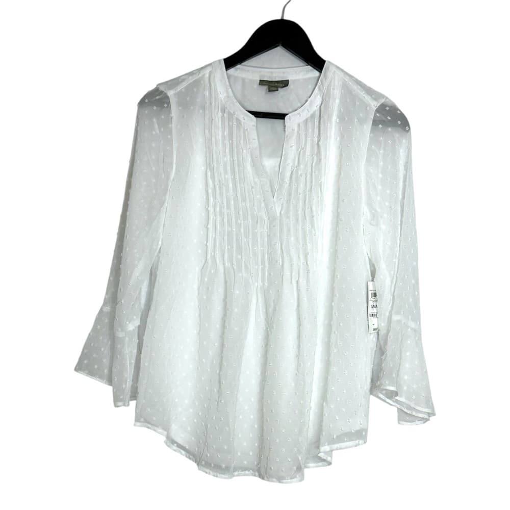 NWT Style & Co Bright White Swiss Dot Pintuck Blouse Top Sheer Long Sleeve Small - Thumbnail 11