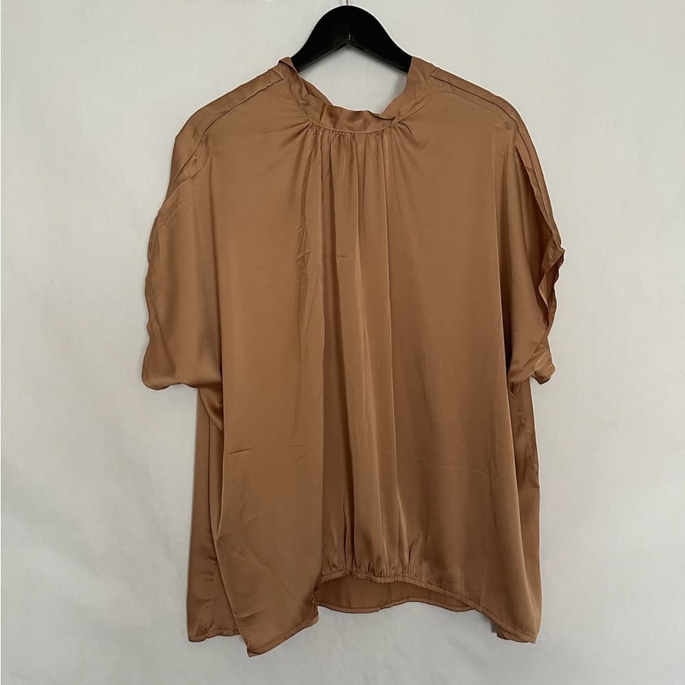 NWT Chigant Neutral Satin Blouse with Tie Neck Size Small Businesscore Boss - Thumbnail 4