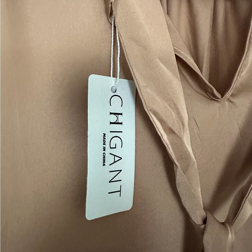 NWT Chigant Neutral Satin Blouse with Tie Neck Size Small Businesscore Boss - Thumbnail 6