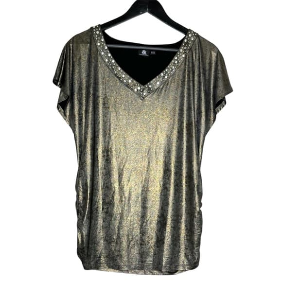 Rock & Republic Metallic Studded V Neck Top Size Small Y2K Short Sleeve Glam - Thumbnail 9
