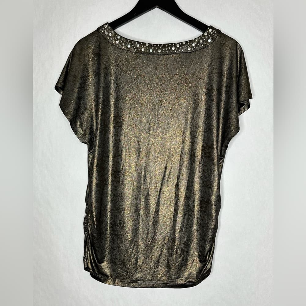 Rock & Republic Metallic Studded V Neck Top Size Small Y2K Short Sleeve Glam - Thumbnail 5