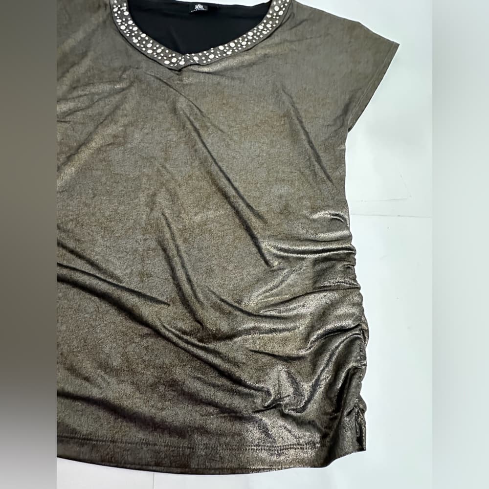 Rock & Republic Metallic Studded V Neck Top Size Small Y2K Short Sleeve Glam - Thumbnail 7