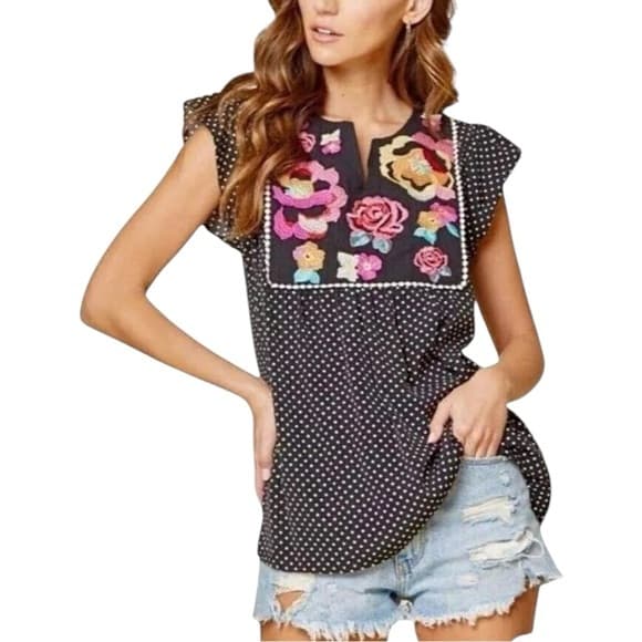 Savanna Jane Arcadia Embroidered Bib Top Polka Dot Floral Black Women’s Small - Thumbnail 9