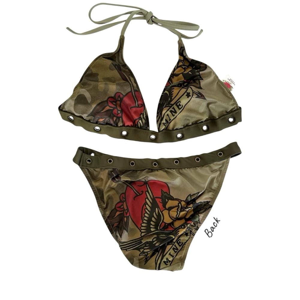 Lucky Brand Sailor Tattoo Army Camo Grommet Y2K Bikini Set - Size Large - Thumbnail 16