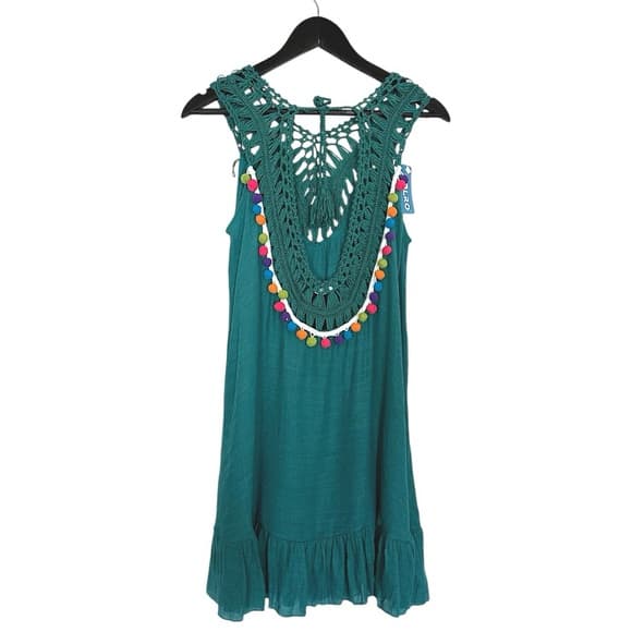 Aolro Teal Crochet Pom Pom Swim Coverup / Dress Size Small Resortcore Fringe - Thumbnail 10