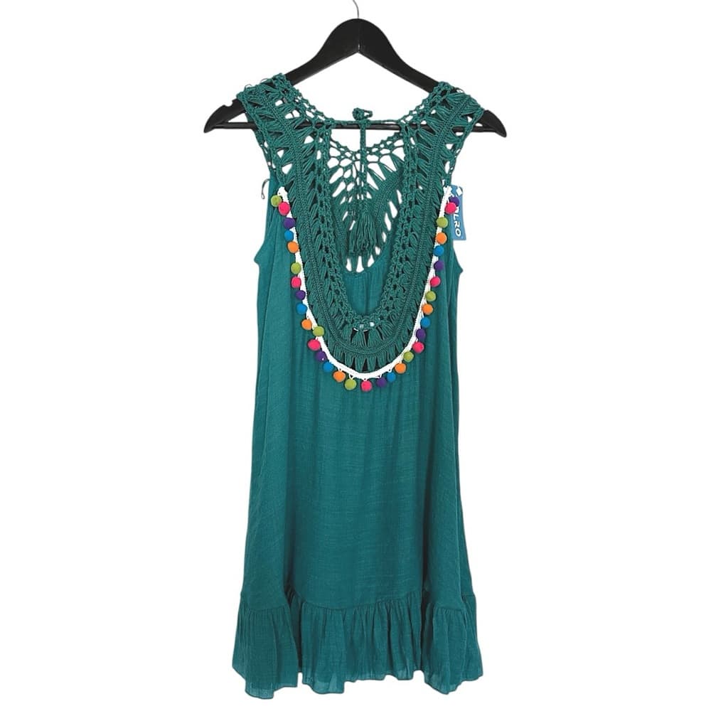 Aolro Teal Crochet Pom Pom Swim Coverup / Dress Size Small Resortcore Fringe - Thumbnail 9
