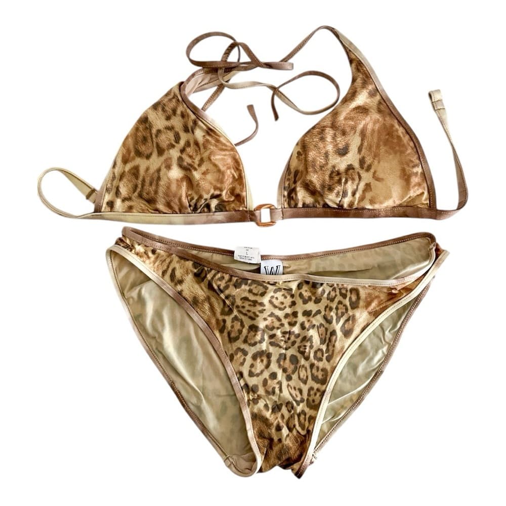 W Swim Gold Leopard Print Cheetah Triangle Bikini Set High Cut Vintage Y2K Large - Thumbnail 16