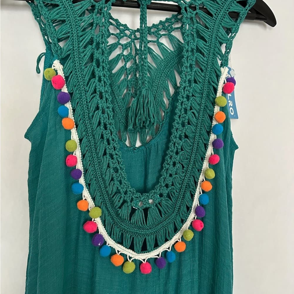 Aolro Teal Crochet Pom Pom Swim Coverup / Dress Size Small Resortcore Fringe - Thumbnail 3