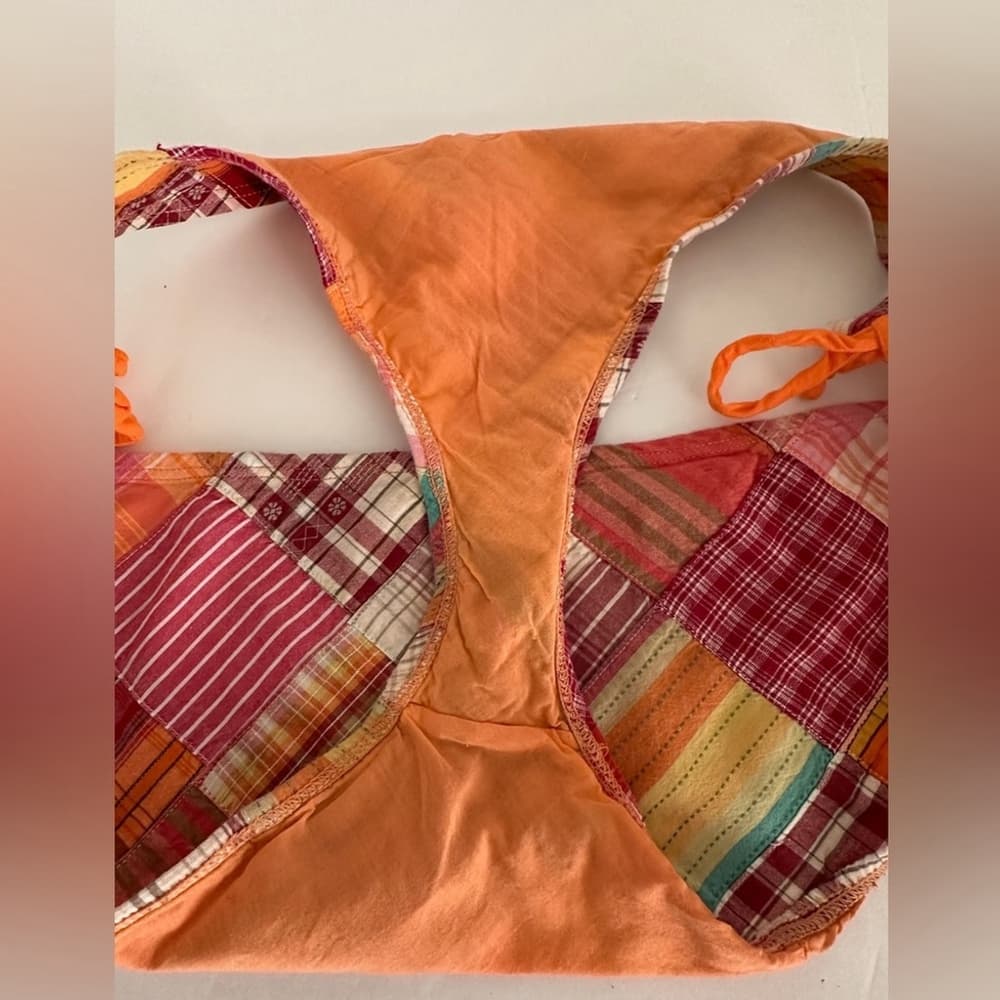 American Eagle Patchwork Plaid Bikini Y2K Vintage Orange Plaid Beaded Size Large - Thumbnail 6