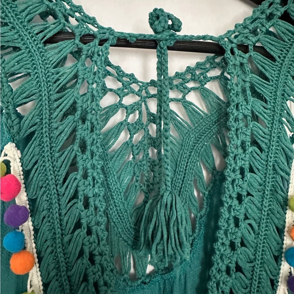Aolro Teal Crochet Pom Pom Swim Coverup / Dress Size Small Resortcore Fringe - Thumbnail 4