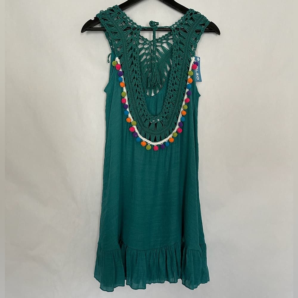Aolro Teal Crochet Pom Pom Swim Coverup / Dress Size Small Resortcore Fringe - Thumbnail 8