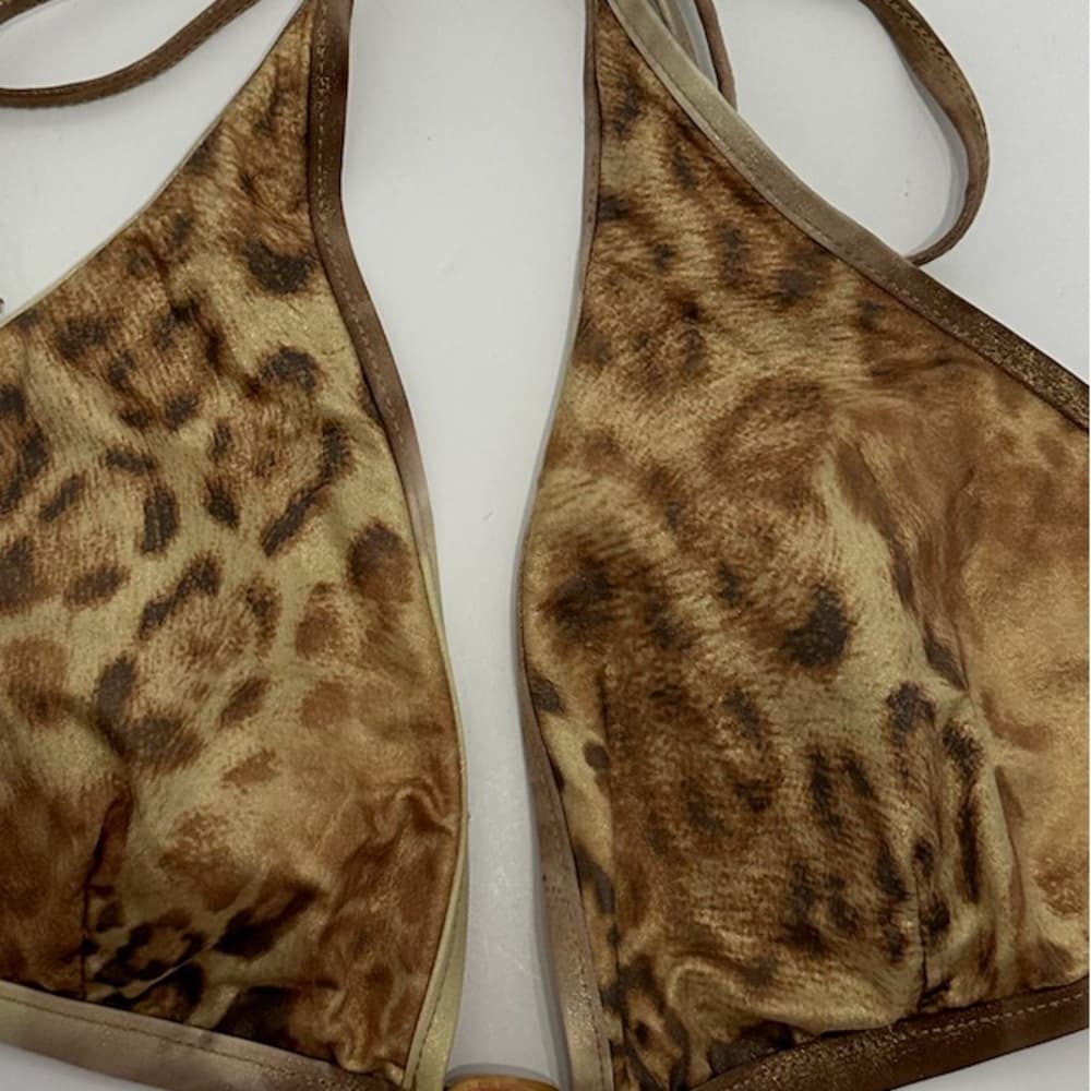 W Swim Gold Leopard Print Cheetah Triangle Bikini Set High Cut Vintage Y2K Large - Thumbnail 15