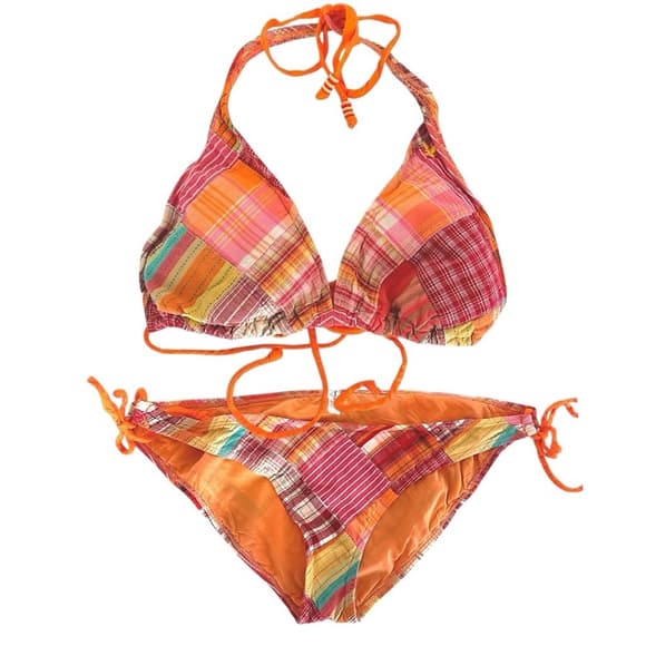American Eagle Patchwork Plaid Bikini Y2K Vintage Orange Plaid Beaded Size Large - Thumbnail 13