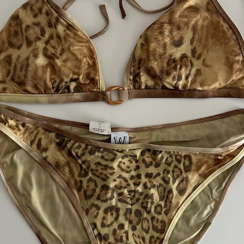 W Swim Gold Leopard Print Cheetah Triangle Bikini Set High Cut Vintage Y2K Large - Thumbnail 10