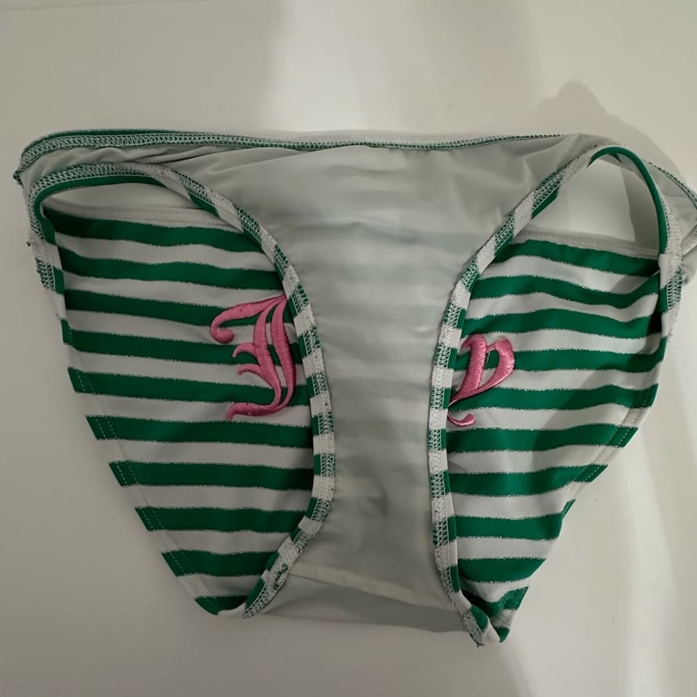 Juicy Couture Green White Stripe Y2K Halter Style Bikini Set - Size Medium - Thumbnail 15
