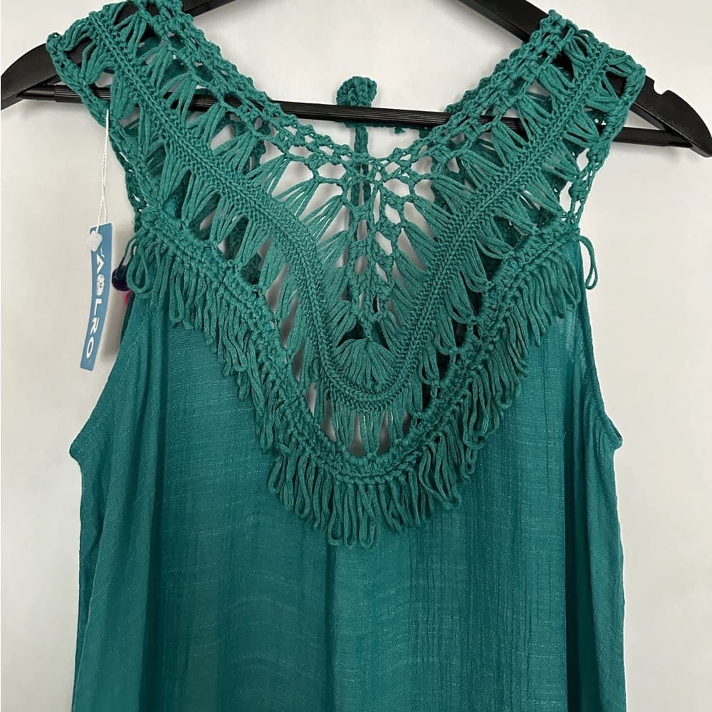 Aolro Teal Crochet Pom Pom Swim Coverup / Dress Size Small Resortcore Fringe - Thumbnail 2