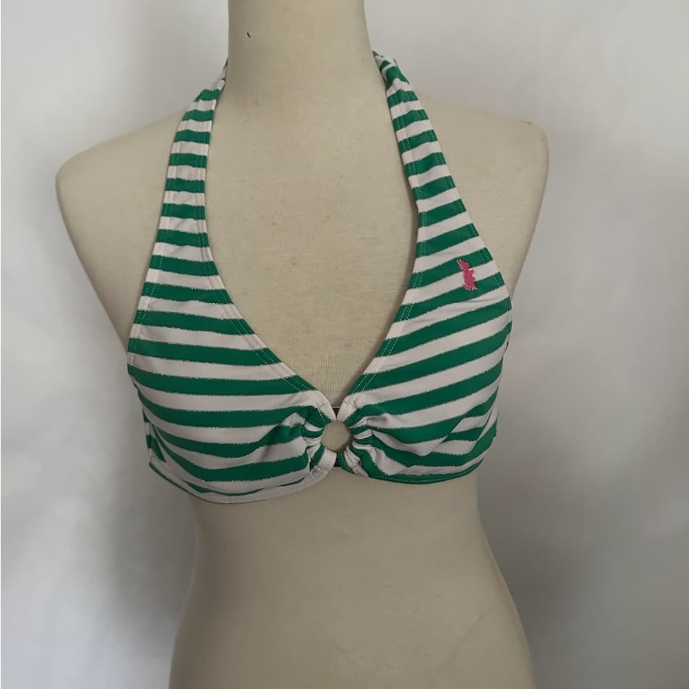 Juicy Couture Green White Stripe Y2K Halter Style Bikini Set - Size Medium - Thumbnail 7