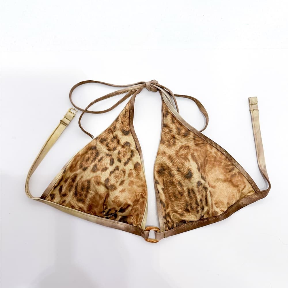 W Swim Gold Leopard Print Cheetah Triangle Bikini Set High Cut Vintage Y2K Large - Thumbnail 14