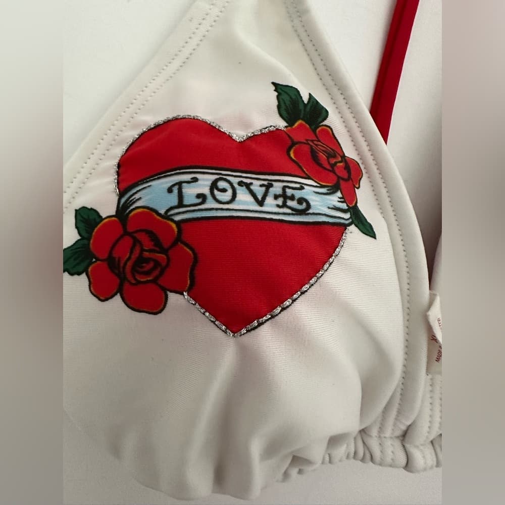 Xhilaration Tattoo Bikini Heart Black White Striped Red Bikini Top XL Bottom L - Thumbnail 15