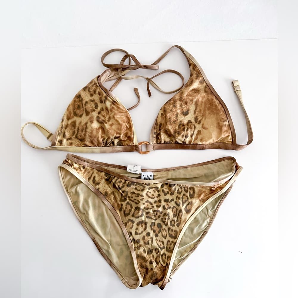 W Swim Gold Leopard Print Cheetah Triangle Bikini Set High Cut Vintage Y2K Large - Thumbnail 9