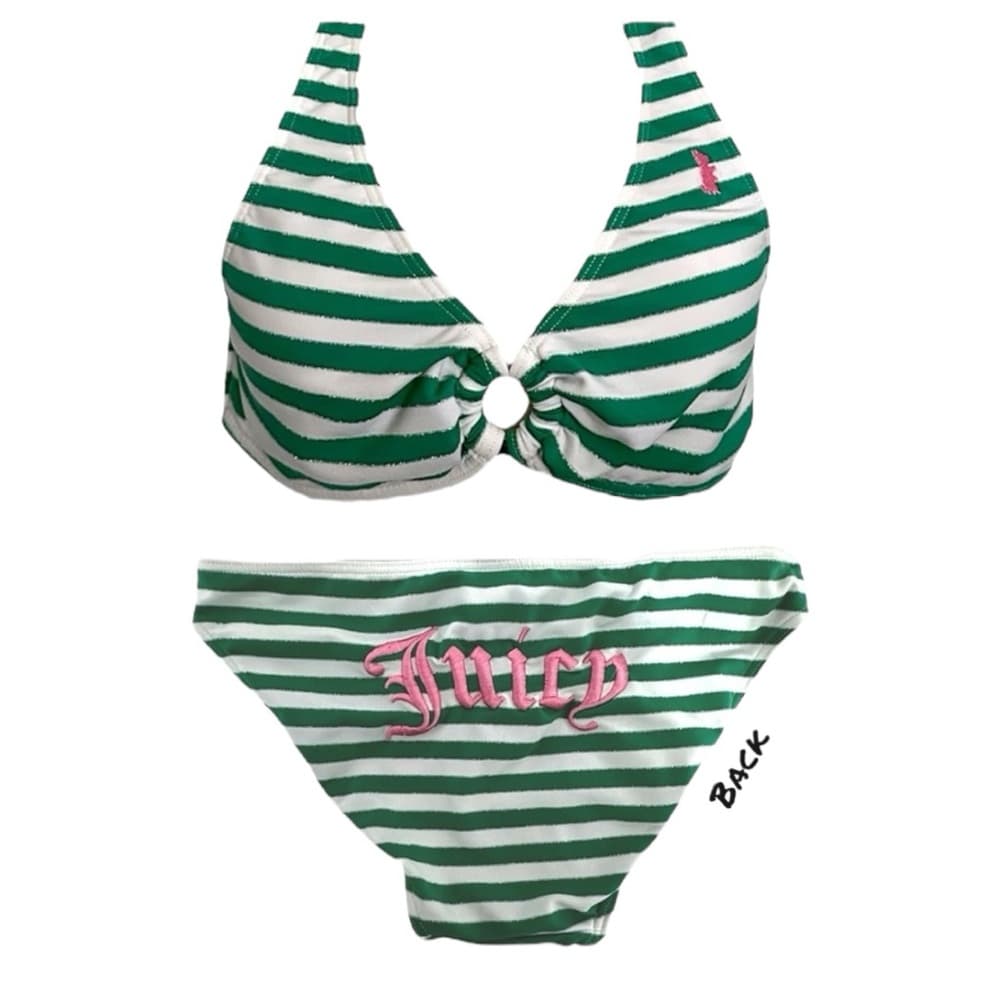Juicy Couture Green White Stripe Y2K Halter Style Bikini Set - Size Medium - Thumbnail 16