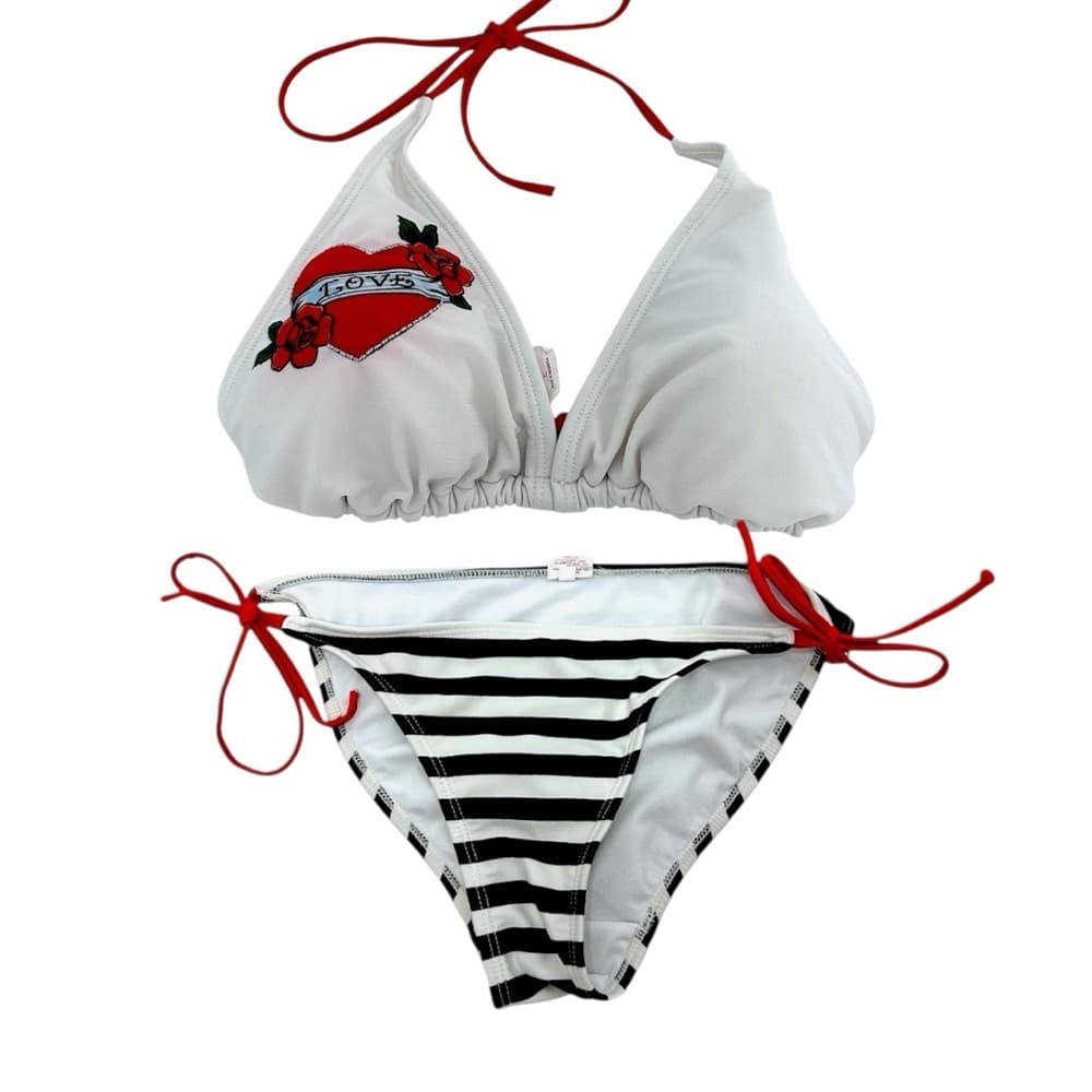 Xhilaration Tattoo Bikini Heart Black White Striped Red Bikini Top XL Bottom L - Thumbnail 6