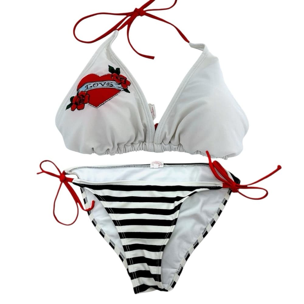 Xhilaration Tattoo Bikini Heart Black White Striped Red Bikini Top XL Bottom L - Thumbnail 16
