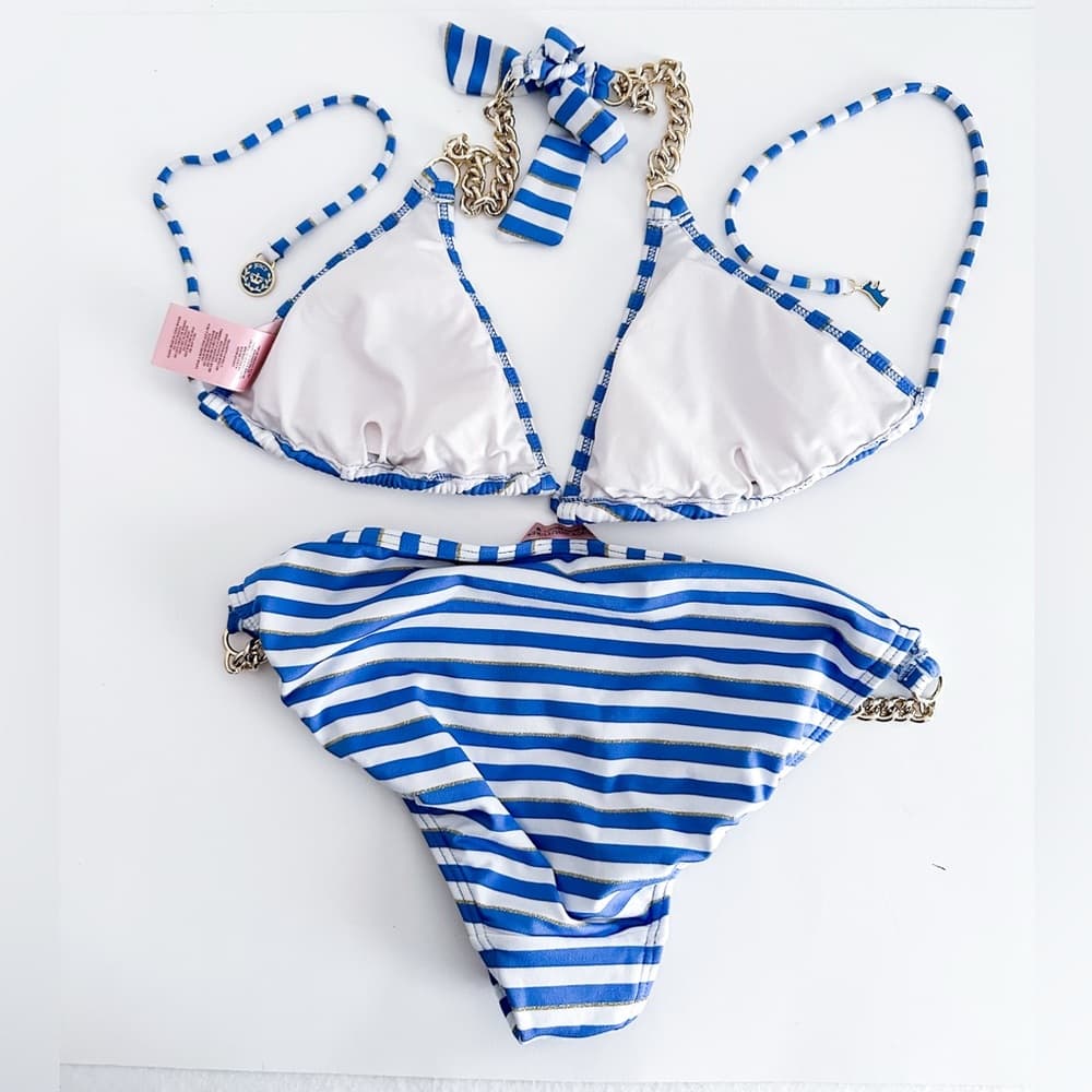 Juicy Couture Striped Blue White with Gold Chain Y2K Bikini Set Women’s Large - Thumbnail 3