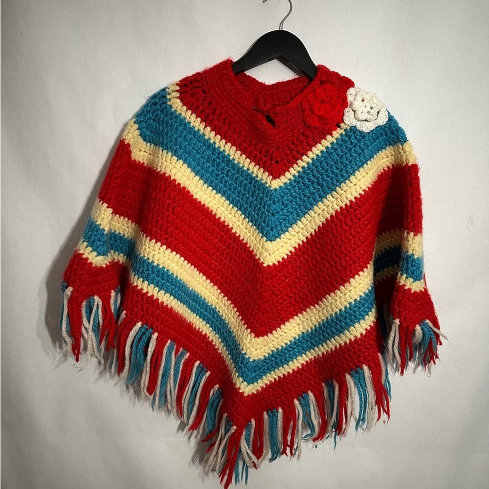 Vintage Crochet Granny Chevron Poncho Red Blue Fringe Flower Trim One Size Gift - Thumbnail 3