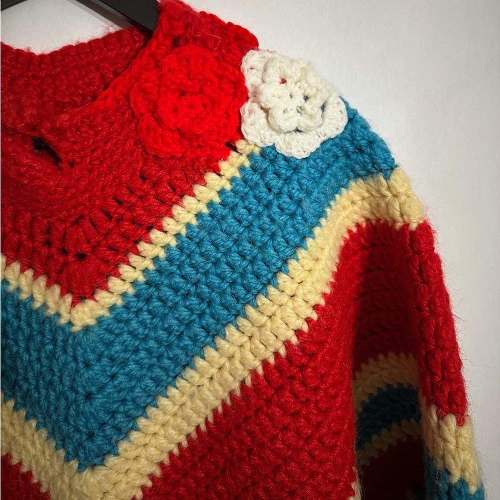 Vintage Crochet Granny Chevron Poncho Red Blue Fringe Flower Trim One Size Gift - Thumbnail 2