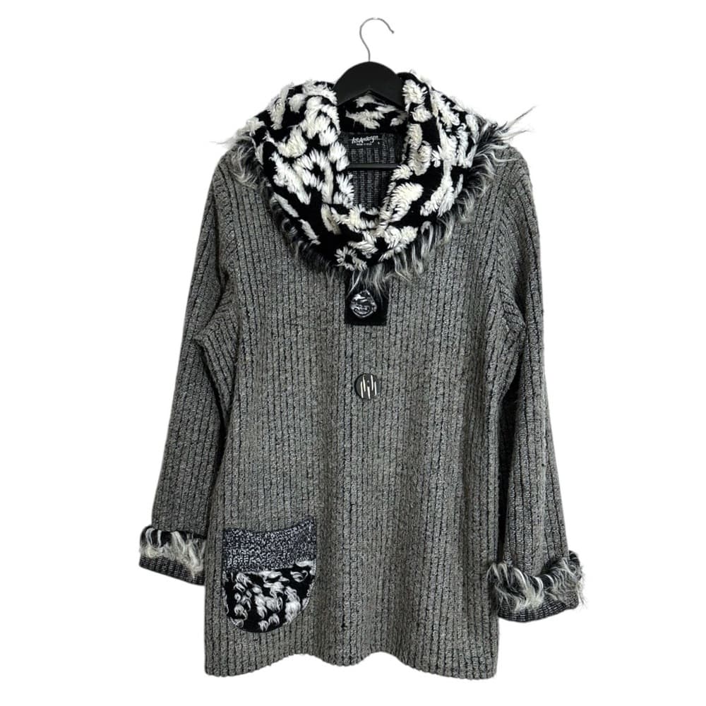 LEE ANDERSEN Gray Sweater with Fuzzy Trim and Patterned Cowl Large Vintage - Thumbnail 8
