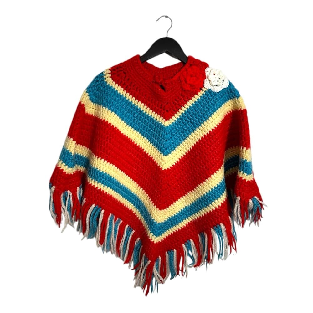 Vintage Crochet Granny Chevron Poncho Red Blue Fringe Flower Trim One Size Gift - Thumbnail 4