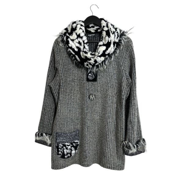 LEE ANDERSEN Gray Sweater with Fuzzy Trim and Patterned Cowl Large Vintage - Thumbnail 9