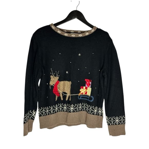 Christopher & Banks Reindeer Sleigh Embroidered Ugly Christmas Sweater Large - Thumbnail 13