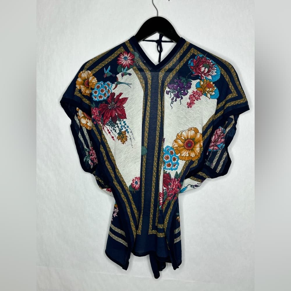 Moth for Anthropologie Navy Floral Boho Tie Scarf Print Kimono Top Size M/L - Thumbnail 4