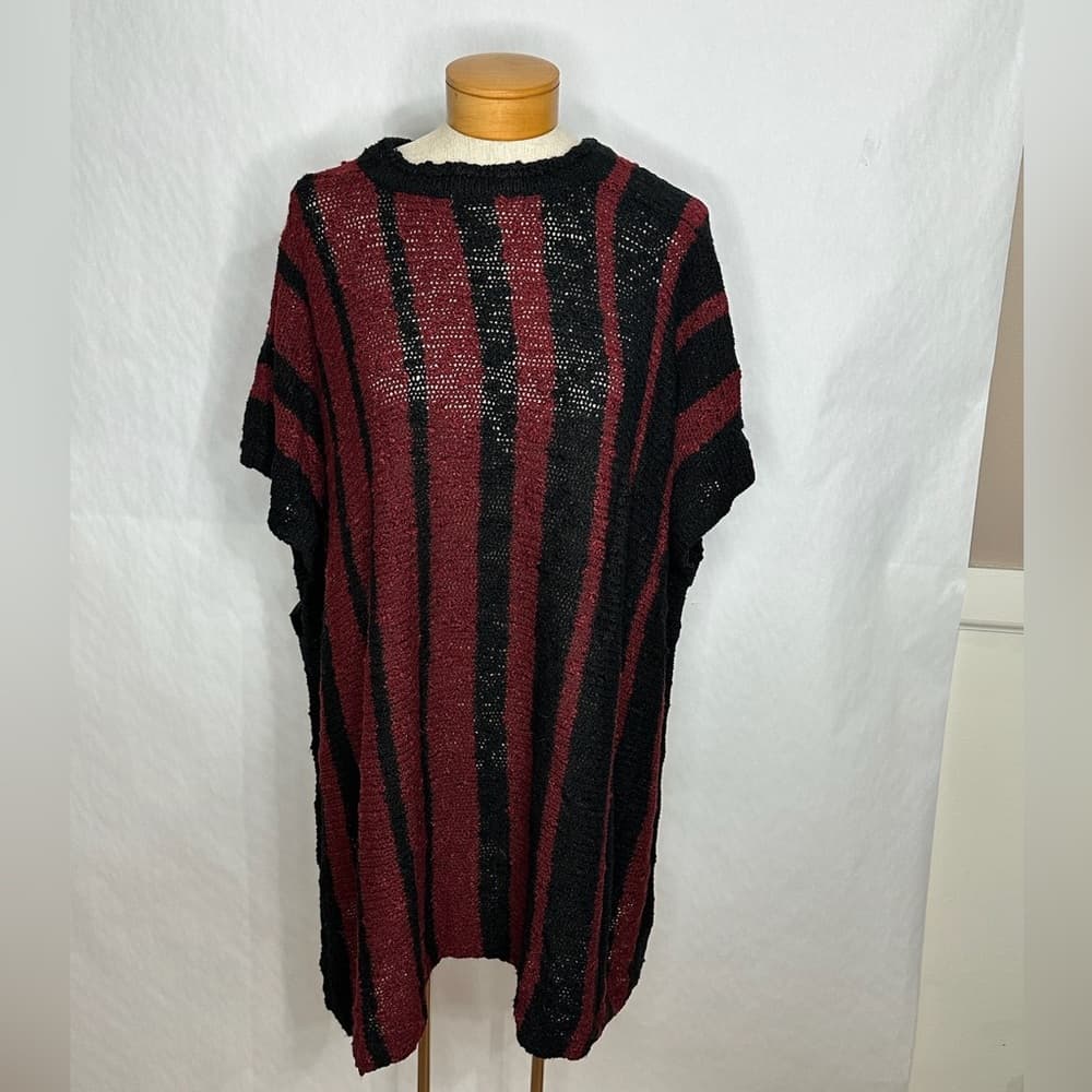 Easel Striped Open Knit Poncho Sweater Distressed Dolman Sleeve Boho Medium - Thumbnail 2