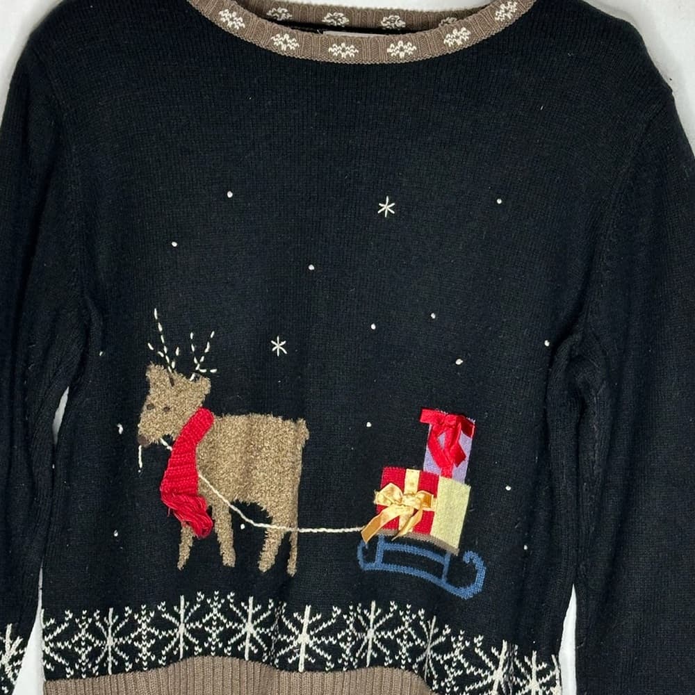 Christopher & Banks Reindeer Sleigh Embroidered Ugly Christmas Sweater Large - Thumbnail 11