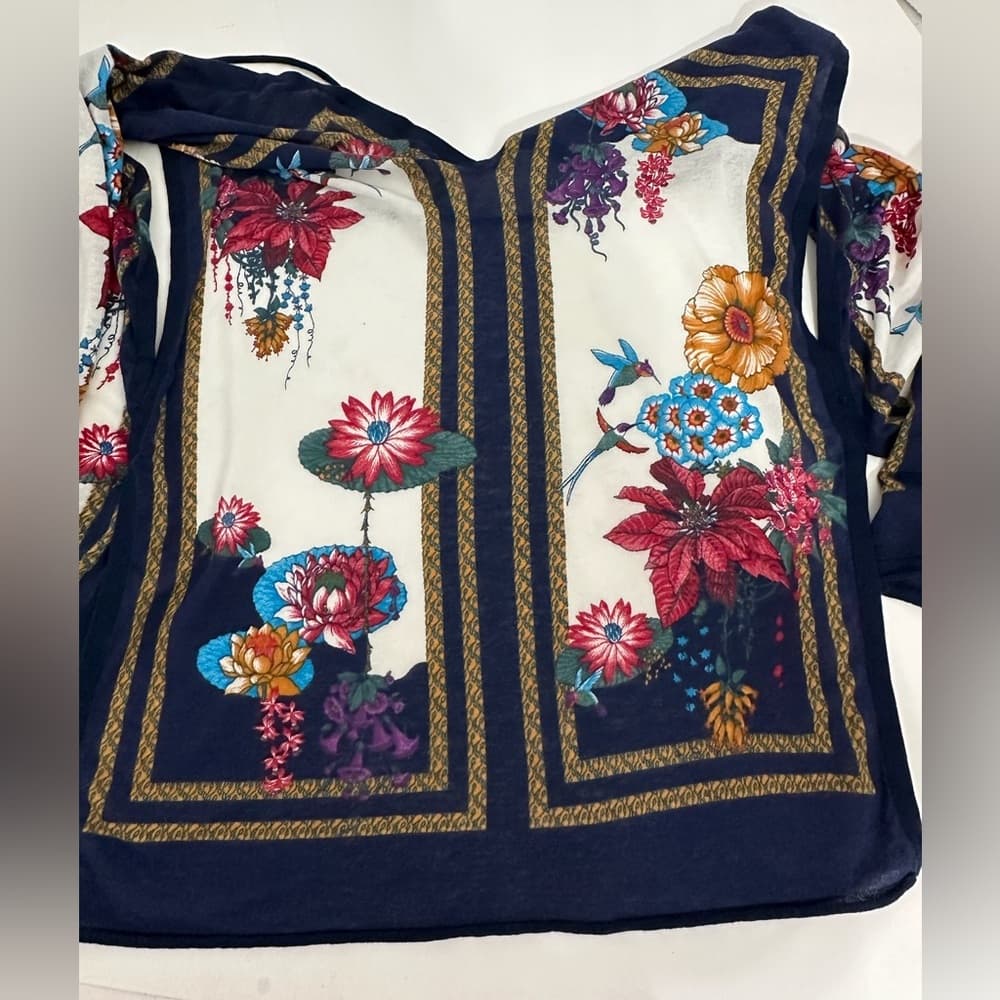 Moth for Anthropologie Navy Floral Boho Tie Scarf Print Kimono Top Size M/L - Thumbnail 7