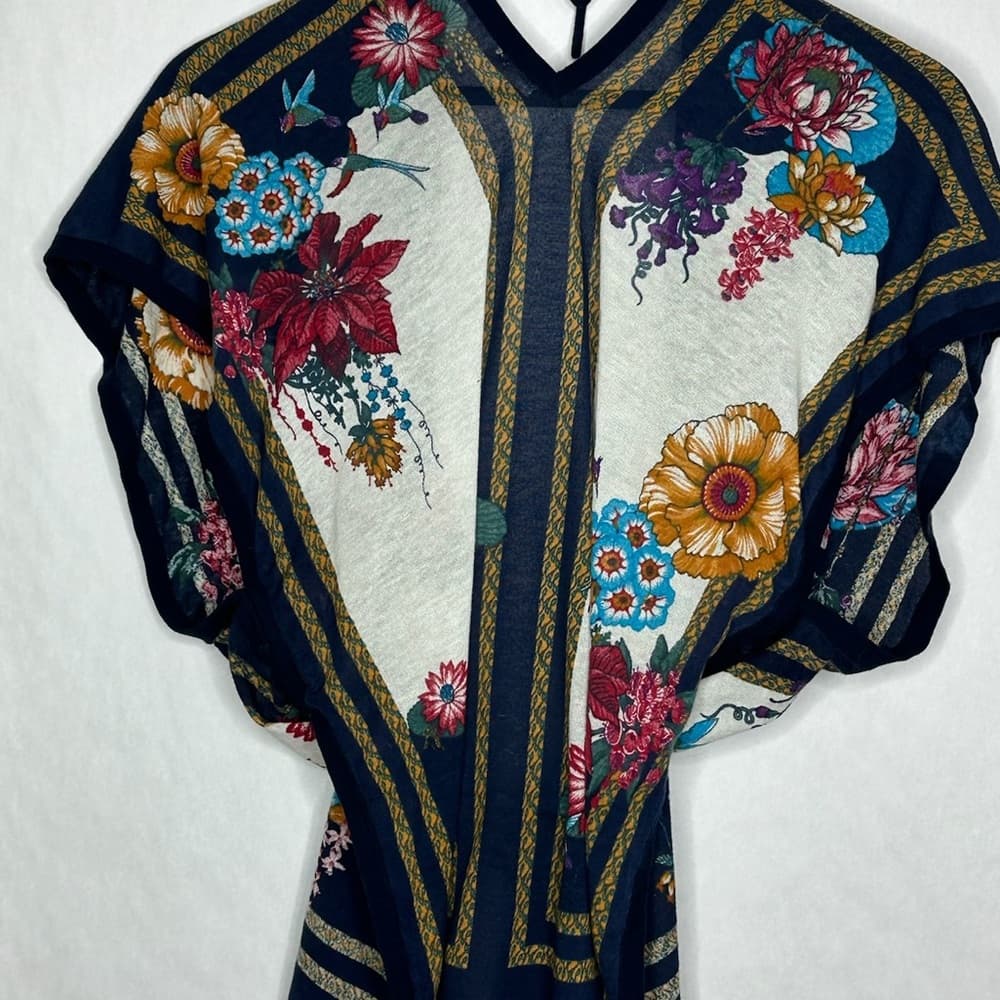 Moth for Anthropologie Navy Floral Boho Tie Scarf Print Kimono Top Size M/L - Thumbnail 5