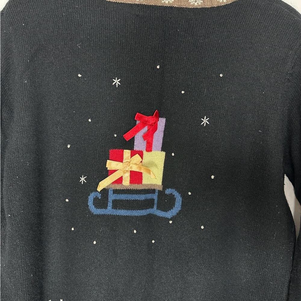Christopher & Banks Reindeer Sleigh Embroidered Ugly Christmas Sweater Large - Thumbnail 9