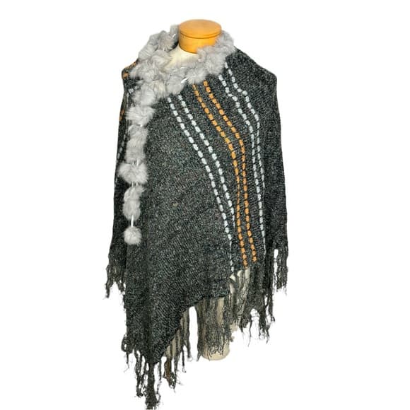 Verty Pom Pom Faux Fur Trim Knit Fringe Poncho One Size Whimsical Avant Garde - Thumbnail 9