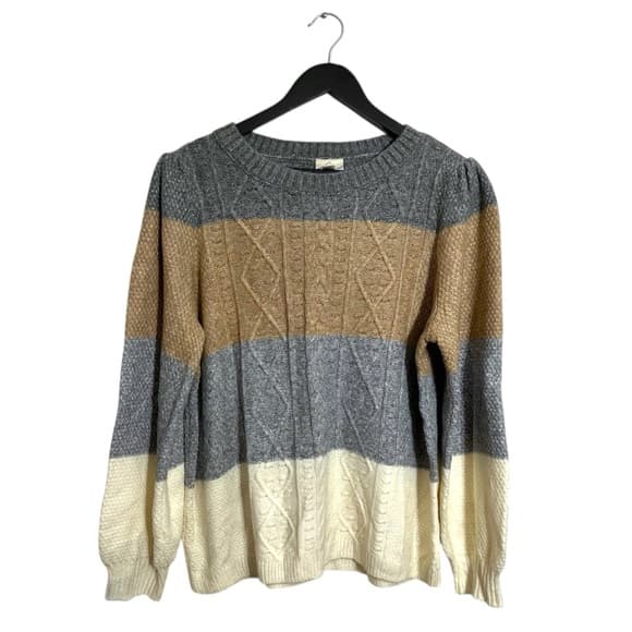 St Johns Bay Neutral Colorblock Cable Knit Sweater Size XL Cozy Classic Fall - Thumbnail 8