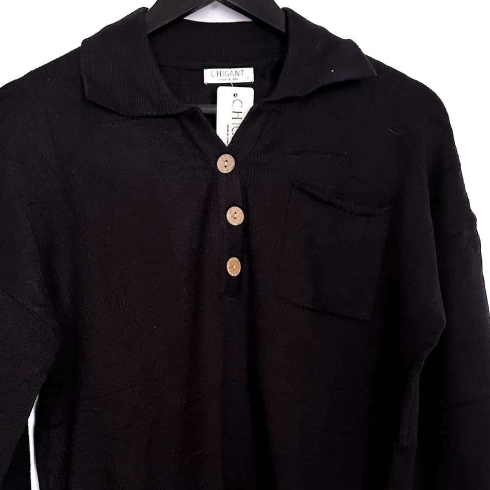 NWT Chigant Black Long Sleeve Collared Button Polo Sweater Size Medium - Thumbnail 9