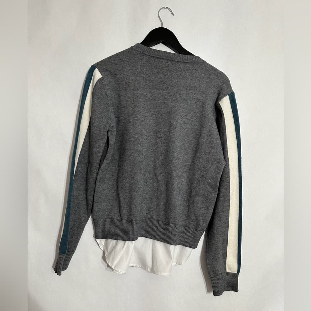 YAL New York Gray Stripe Sleeve Layered Faux Shirt Hem Sweater Size Large - Thumbnail 5